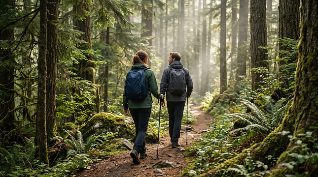 Couple hiking together on a peaceful forest trail surrounded by lush green foliage and soft morning mist.