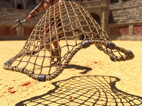 Gladiator in Ancient Arena Uses Weighted Net Weapon Against Opponent, Blood Splatters on Sand