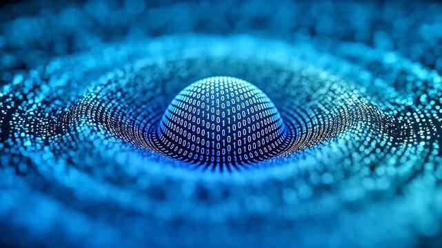 Blue spherical structure with binary code surrounded by glowing dots on dark background