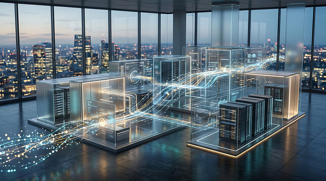 Futuristic server room with glowing data streams inside a modern office building overlooking a city skyline.