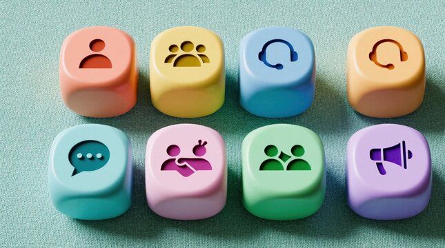 Colorful 3D communication icons on soft matte cubes. Set includes user profile, group chat, headset, message bubble, social interaction, megaphone symbols. Modern digital interface design elements