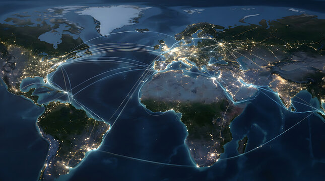 Global network connectivity visualization showing digital data flow across the world map at night.