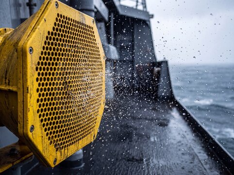 Loud Yellow Foghorn Siren on a Ship Deck During a Storm with Rain Splashing