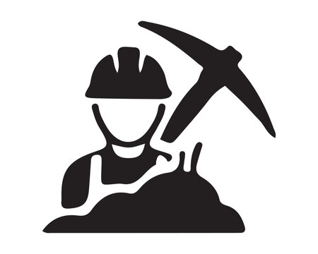 Mining worker silhouette with pickaxe and digging equipment pickaxe tool miner silhouette mine industry construction worker hard hat extraction work resource extraction manual labor work icon