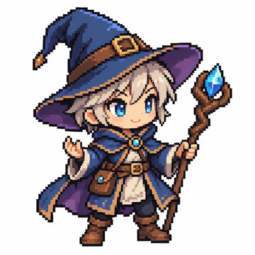 Cute chibi fantasy wizard wearing a pointed hat and layered robes with a crystal magic staff, rendered in pixel art and isolated on white for RPG game projects.