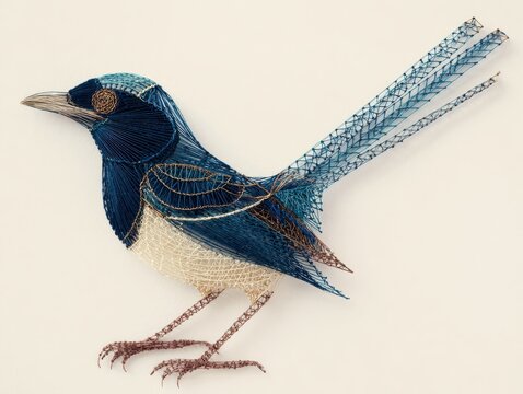 Intricate Blue Bird Embroidery Pattern On A Plain White Background Featuring Detailed Texture