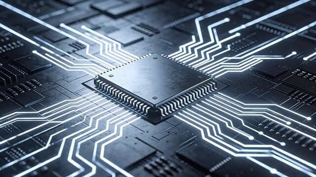 Electronic circuit board closeup with central square chip and radiating white lines