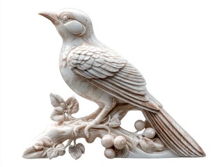 Fototapeta premium Intricate Carved Bone Bird Ornament Perched On A Decorative Branch With Berries On White Background
