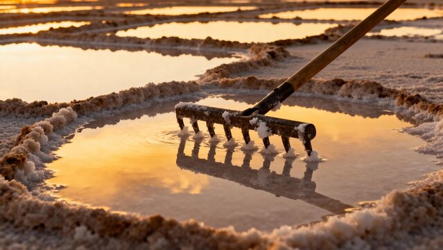 Salt harvesting at sunset with a rake in shallow water pools