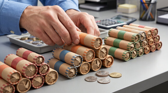 Hand arranging coin wrappers and rolls on a desk in an office setting  