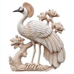 Fototapeta premium Intricate Carved Ivory Colored Crane Bird Sculpture On Decorative Branch Isolated On White Background