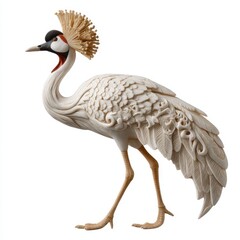 Fototapeta premium Intricate Carved Ivory Sculpture Of A Grey Crowned Crane Standing On A Plain White Background