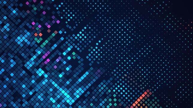 Futuristic digital pixel background, blue geometric mosaic pattern, abstract technology data visualization for web banners