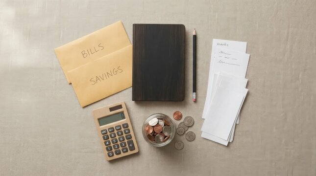 Personal finance and budgeting setup with calculator, notebook, bills, savings envelopes, and coins