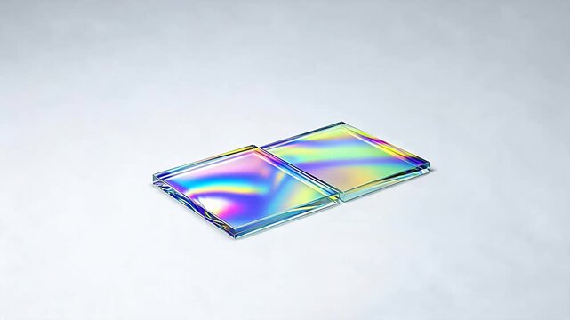 Two transparent rectangular blocks with iridescent surfaces on light gray background