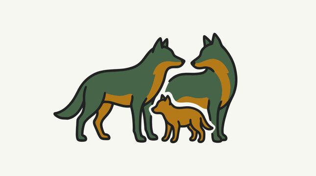 Vector illustration of a wolf family including mother father and a pup in a simple flat style design