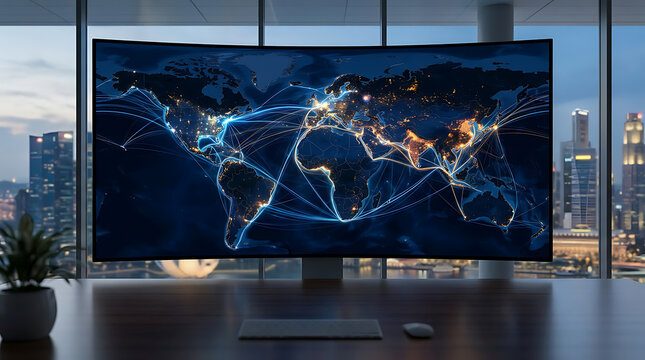 Modern office desk with a large curved monitor displaying a glowing global network map at night.
