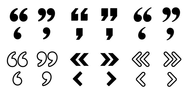 Minimalist quotation marks set, black and white speech bubble icons, 24 punctuation mark symbols for typography and editorial design