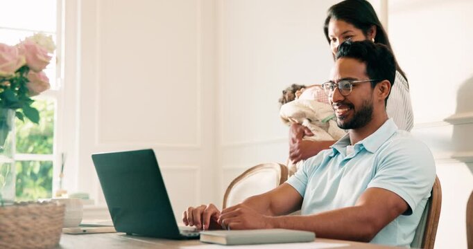 Laptop, family and businessman in home with remote work for web development research with review. Technology, support and software engineer with feedback on freelance frontend project in apartment.