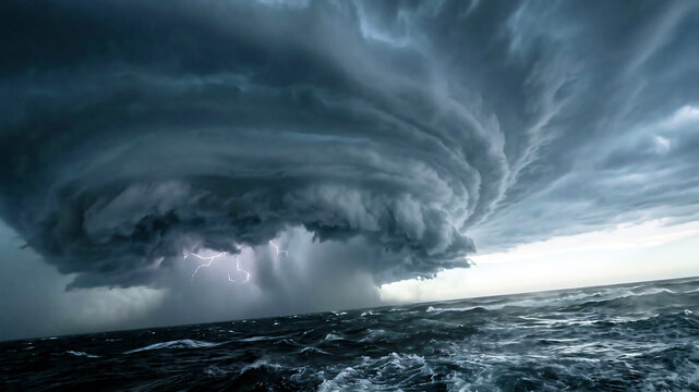 Supercell storm cloud spinning violently over dark ocean waves with dramatic lightning flashes during a dangerous powerful tropical weather event