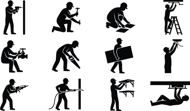 Set of construction worker silhouettes performing various manual repair and building tasks