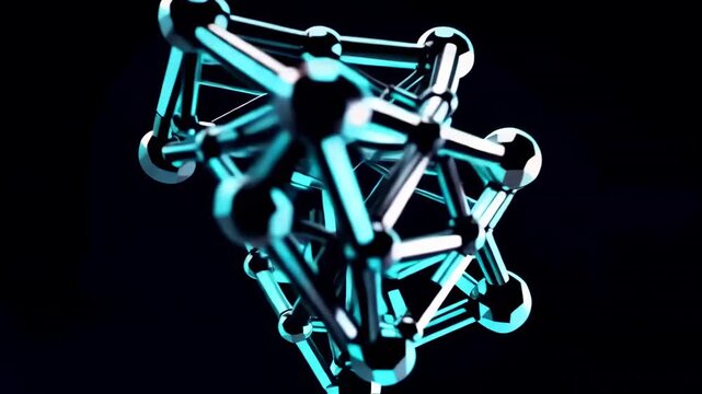 Abstract geometric shapes in vibrant colors transition from orange crystal to orange organic structure and finally to blue metallic form against a dark background
