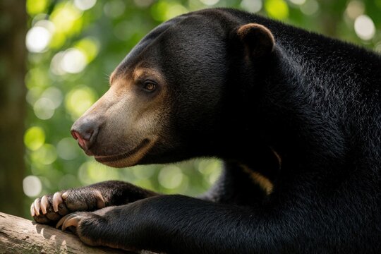 Malayan sun bear rests on tree branch. This mammal has black fur and distinctive markings. Bear lives in forest habitat, possibly in Southeast Asia. Sun bear seeks food like insects and fruits.