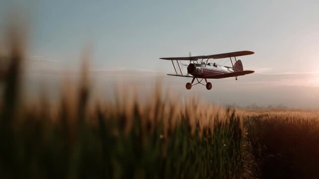 Vintage Biplane Flying Over Golden Wheat Field at Sunrise Cinematic