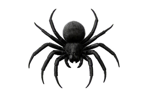 Black spider isolated PNG, giant creepy tarantula overhead view on transparent background, halloween horror creature element