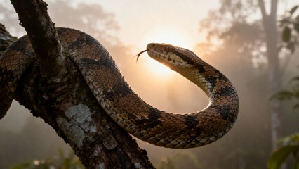Obraz premium Snake coiled on tree branch at sunrise in forest