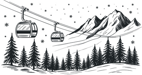 Ski resort cable car gondola in winter mountain landscape with pine trees, vector sketch © Tanisha A