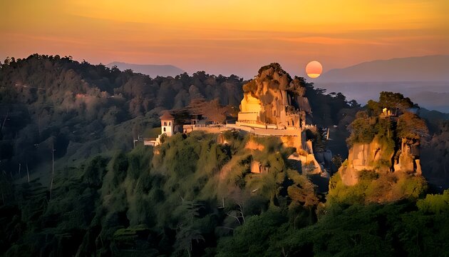 Breathtaking sunset over the ancient Taktsang Monastery perched on a rocky cliff in Bhutan.