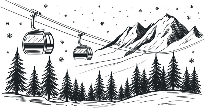 Ski resort cable car gondola in winter mountain landscape with pine trees, vector sketch