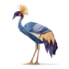 Fototapeta premium Intricate Paper Origami Grey Crowned Crane With Yellow Crest On A Clean White Studio Background