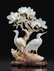 Fototapeta premium Intricate White Jade Carving Of Two Cranes Perched Under A Flowering Tree On A Black Background