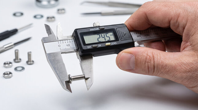 Digital caliper measuring a small screw with various tools nearby  