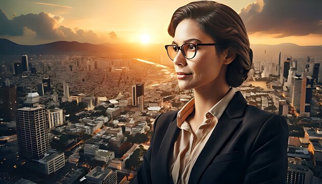 Confident professional businesswoman looking over a modern city skyline at sunset.