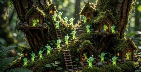 Fototapeta premium Tiny green sprites build homes on mossy tree trunk in enchanted forest. Little fairies work together carrying rocks and wood creating tiny houses. Nature spirits in woodland habitat.