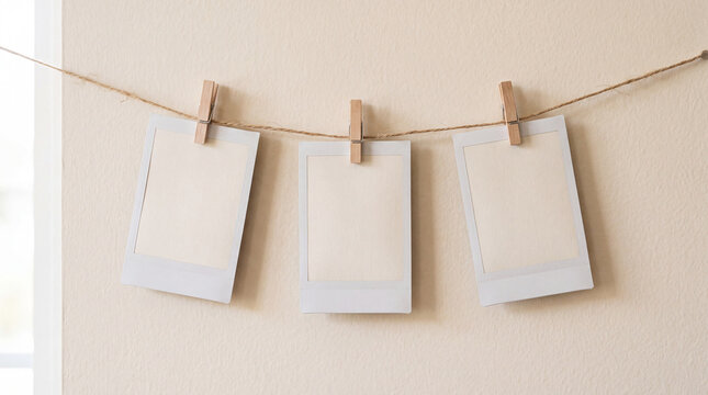 Three blank instant photo frames hanging on jute twine rope with wooden clothespins, empty retro snapshot cards mockup template on beige wall background