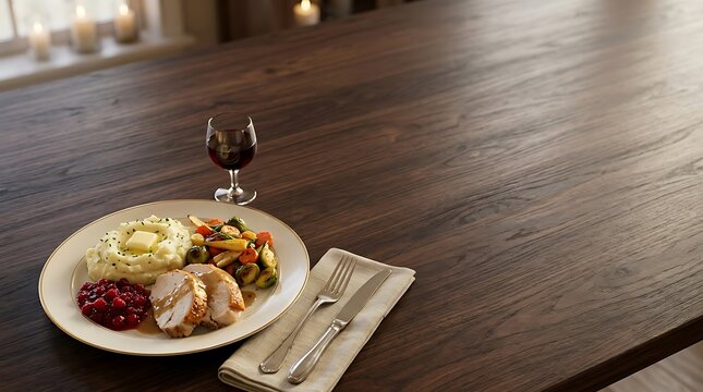 Traditional roasted turkey dinner served on a rustic dark wooden dining table with candles