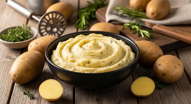 A bowl of homemade creamy mashed potatoes served with fresh rosemary and raw organic potatoes on a wooden kitchen table