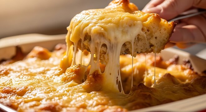 Close up of a delicious cheesy potato casserole being lifted with a spoon