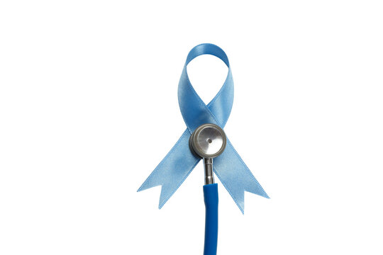 Blue ribbon shows support for prostate cancer, isolated on white, PNG