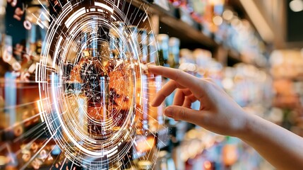 Obraz premium Hand interacting with a glowing circular digital hologram in a grocery store 