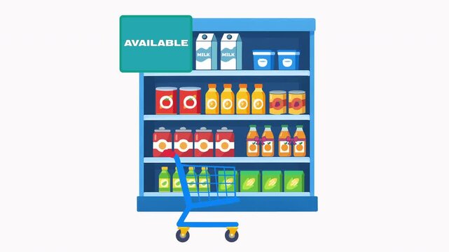 Supply chain product availability concept with retail grocery shelves changing from out of stock status to restocked food items dashboard, Product Availability, Inventory Management concept.