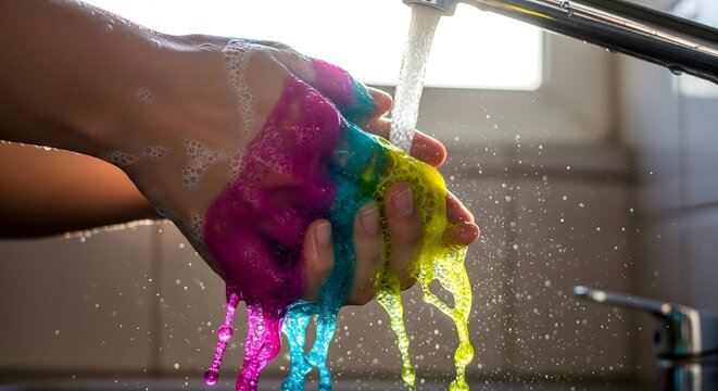 Person washing hands with colorful rainbow soap foam under water tap