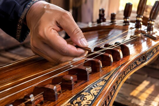Musician Hands Playing Traditional Wooden Zither String Instrument