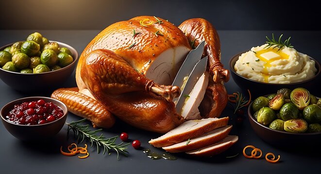 Roasted thanksgiving turkey dinner with mashed potatoes brussels sprouts and cranberry sauce