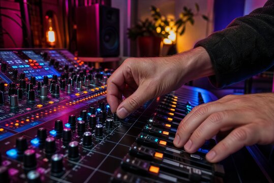 Sound Engineer Adjusting Mixing Console Faders and Knobs in Studio