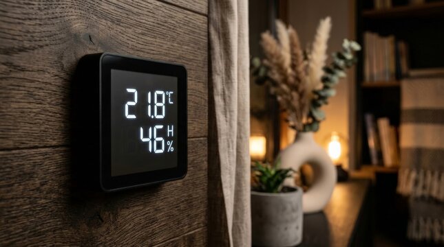 A sleek modern smart thermostat is mounted on a rustic wooden wall displaying temperature and humidity, with a cozy warm-lit interior room blurred in the background
